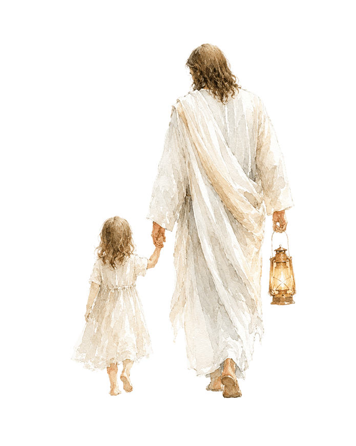 An illustration of Jesus walking with a child.